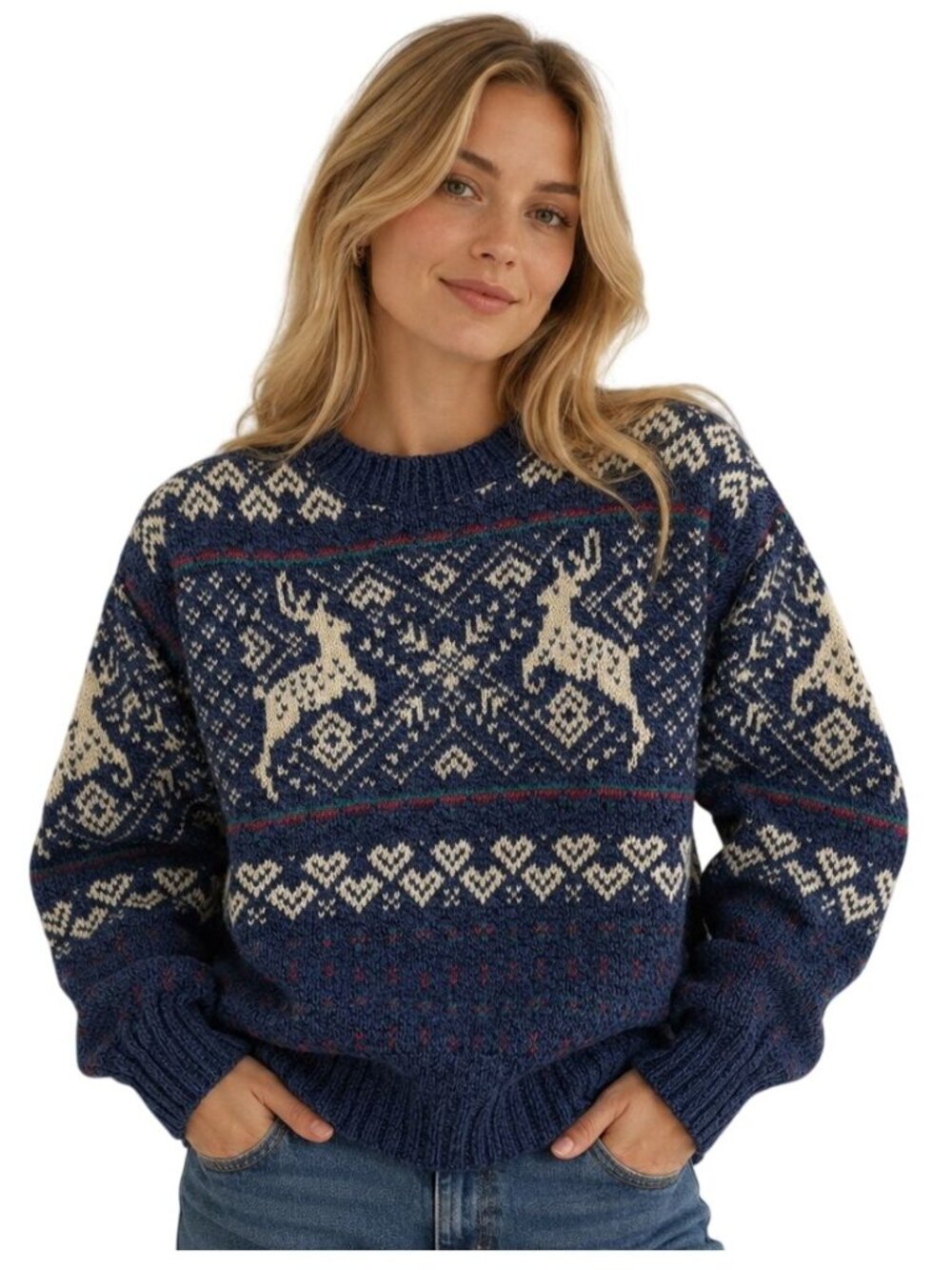 Vintage 90s EMS Eastern Mountain Sports Reindeer Fair Isle Wool Sweater Blue M U
